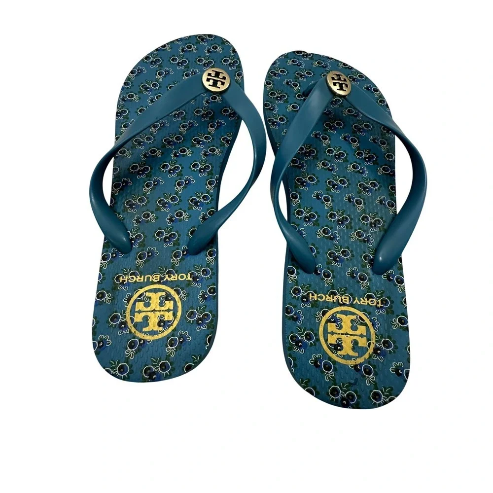 Tory Burch Teal Blue Blueberry Floral Flip Flop Gold Logo Medallion 10.5